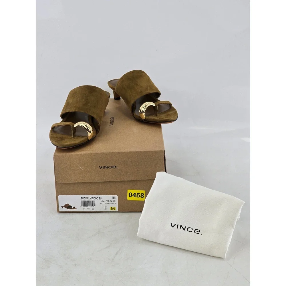 Vince Suzie Kitten Heel Sandals Womens 5 Olive Green Suede Toe Ring - NEW